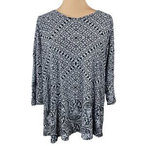 Lucky Brand Knit Tunic Top Black White Size 1X Floral Casual